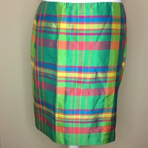 ❌ SOLD❌Ralph Lauren Neon Green Plaid Silk Shiny Skirt NEW